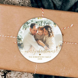 Elegant Gold Script Family Photo Merry Christmas  ラウンドシール