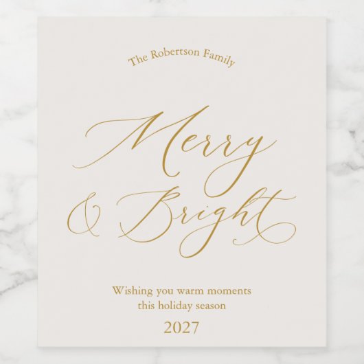 Elegant Gold Script “Merry & Bright” Christmas ワインラベル (シングルラベル)