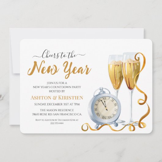 Elegant Gold Script New Year's Eve Countdown Party 招待状 (正面)