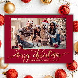 Elegant Gold Script One Photo Red Christmas  シーズンカード