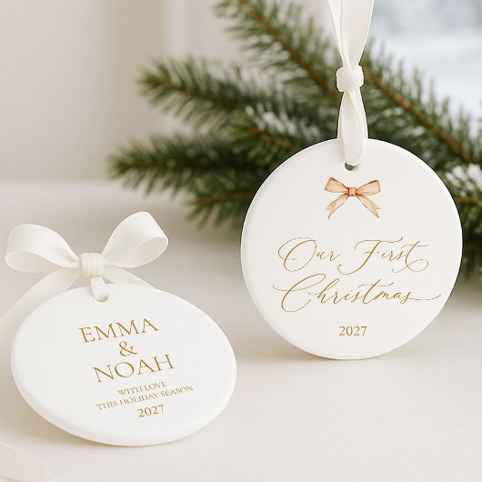 Elegant Gold Script “Our First Christmas” オーナメント