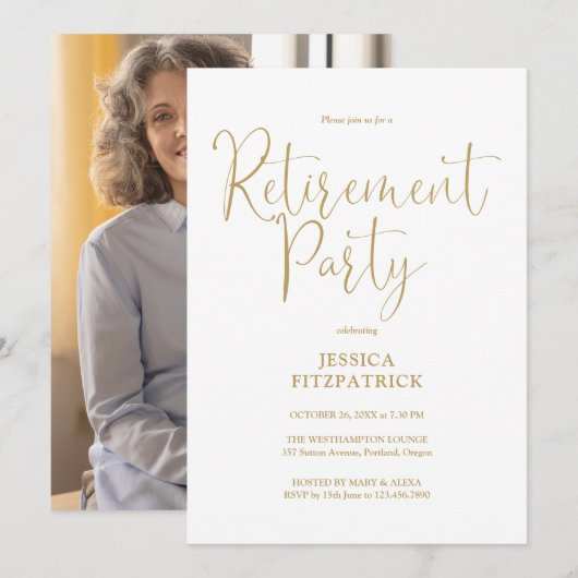 Elegant Gold Script Photo Retirement Party 招待状 (正面/裏面)