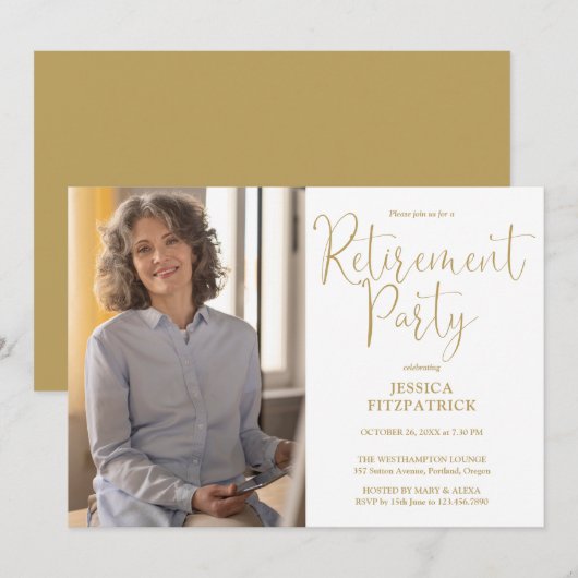 Elegant Gold Script Photo Retirement Party 招待状 (正面/裏面)