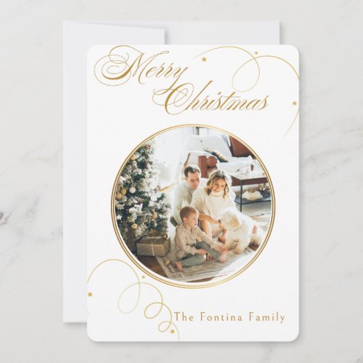 Elegant Gold Script Pine Tree Christmas Photo シーズンカード (正面)