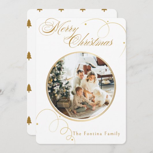 Elegant Gold Script Pine Tree Christmas Photo シーズンカード (正面/裏面)