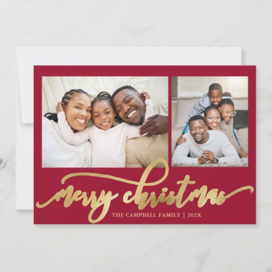 Elegant Gold Script Red 2 Photo Collage Christmas シーズンカード (正面)