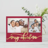 Elegant Gold Script Red 2 Photo Collage Christmas シーズンカード (スタンド正面)