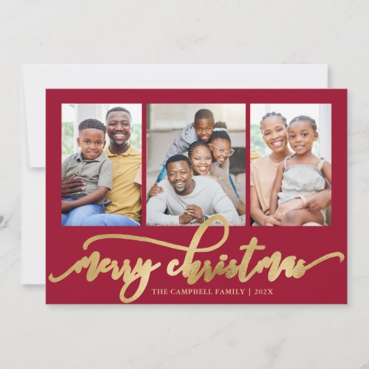 Elegant Gold Script Red 3 Photo Collage Christmas シーズンカード (正面)