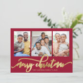 Elegant Gold Script Red 3 Photo Collage Christmas シーズンカード (スタンド正面)