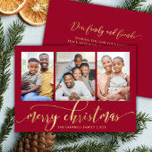 Elegant Gold Script Red 3 Photo Collage Christmas シーズンカード