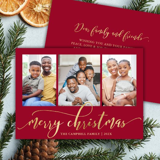 Elegant Gold Script Red 3 Photo Collage Christmas シーズンカード