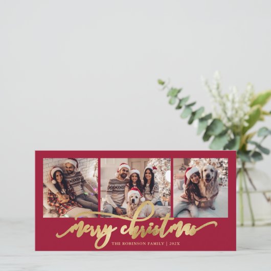Elegant Gold Script Red 3 Photo Collage Christmas シーズンカード (スタンド正面)