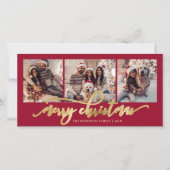 Elegant Gold Script Red 3 Photo Collage Christmas シーズンカード (正面)