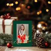 Elegant Gold Script Rich Green Frame Photo 箔シーズンカード
