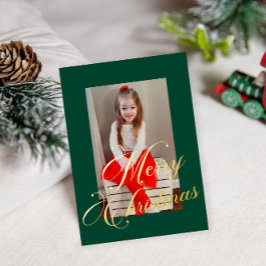 Elegant Gold Script Rich Green Frame Photo 箔シーズンカード