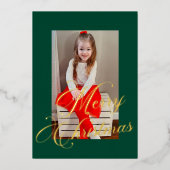 Elegant Gold Script Rich Green Frame Photo 箔シーズンカード (正面)