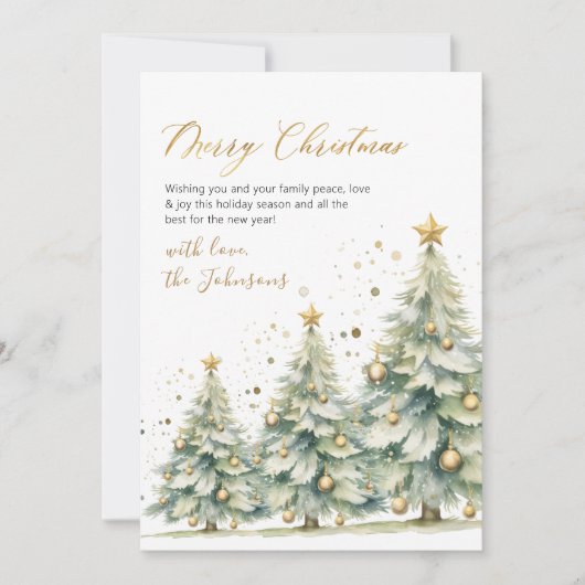 Elegant Gold Script Watercolor Christmas Tree  シーズンカード (正面)