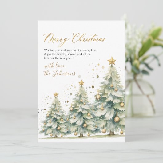 Elegant Gold Script Watercolor Christmas Tree  シーズンカード (スタンド正面)