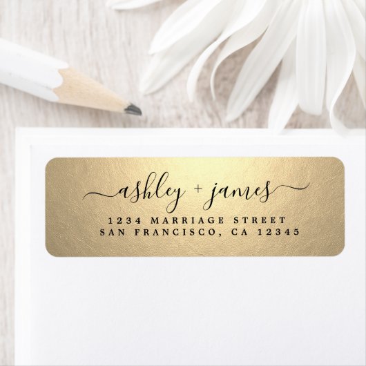 Elegant Gold Script Wedding Return Address ラベル (インサイチュ)