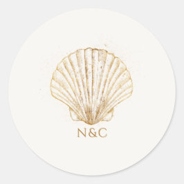 Elegant Gold Seashell Names Initials Wedding ラウンドシール