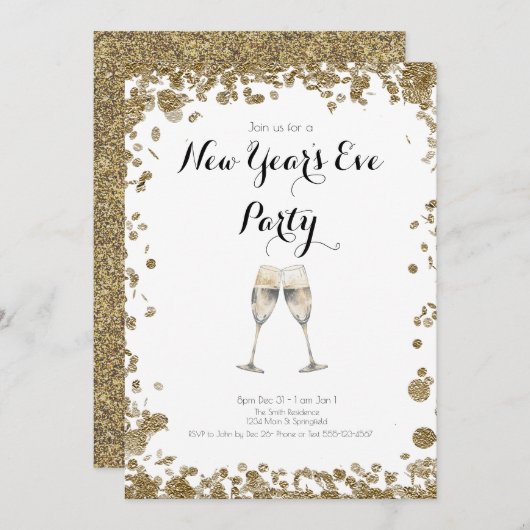 Elegant Gold Sequins New Years Eve 招待状 (正面/裏面)