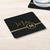 Elegant Gold Signature Monogram on Black スクエアペーパーコースター (アングル)