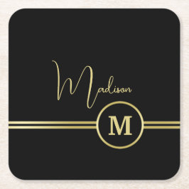 Elegant Gold Signature Monogram on Black スクエアペーパーコースター