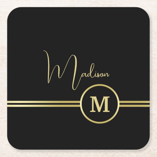 Elegant Gold Signature Monogram on Black スクエアペーパーコースター (正面)