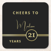 Elegant Gold Signature Monogram on Black スクエアペーパーコースター (正面)