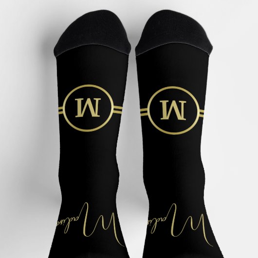 Elegant Gold Signature Monogram on Black ソックス (上部)