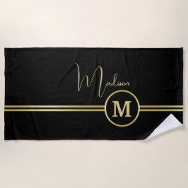 Elegant Gold Signature Monogram on Black ビーチタオル