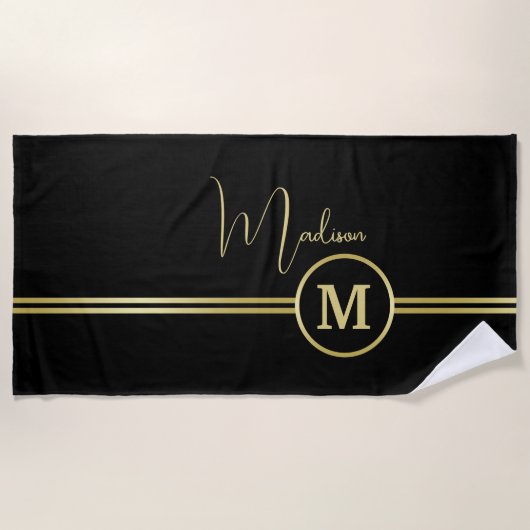 Elegant Gold Signature Monogram on Black ビーチタオル (正面)