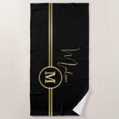Elegant Gold Signature Monogram on Black ビーチタオル (正面)