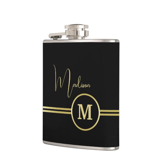 Elegant Gold Signature Monogram on Black フラスク (左)