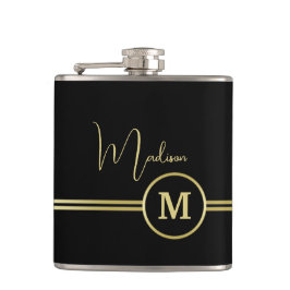 Elegant Gold Signature Monogram on Black フラスク