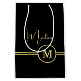 Elegant Gold Signature Monogram on Black ミディアムペーパーバッグ