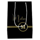 Elegant Gold Signature Monogram on Black ミディアムペーパーバッグ (裏面)