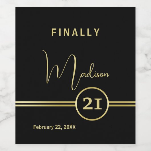 Elegant Gold Signature Monogram on Black ワインラベル (シングルラベル)