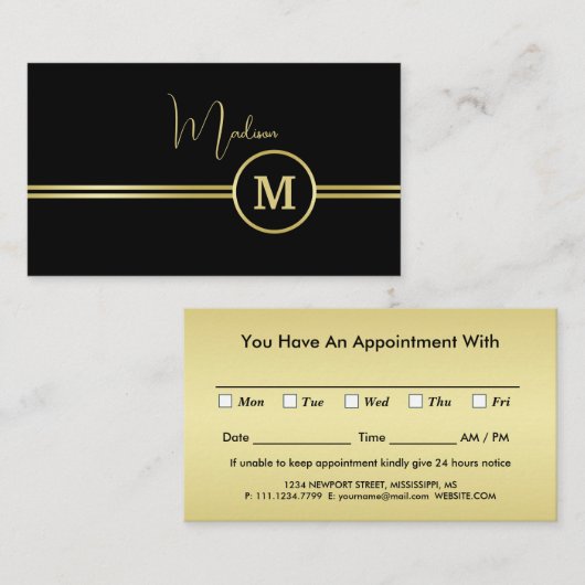 Elegant Gold Signature Monogram on Black 予約カード (正面/裏面)