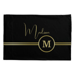 Elegant Gold Signature Monogram on Black 枕カバー