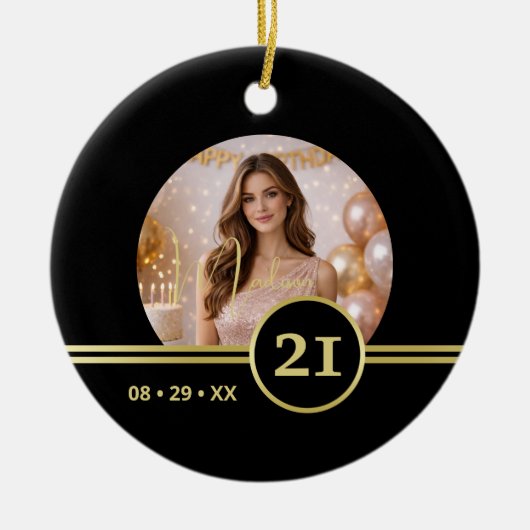 Elegant Gold Signature Monogram with Photo セラミックオーナメント (正面)