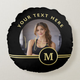 Elegant Gold Signature Monogram with Photo ラウンドクッション