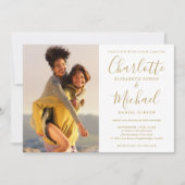 Elegant Gold Signature Script Photos Wedding 招待状 (正面)