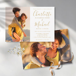 Elegant Gold Signature Script Photos Wedding 招待状