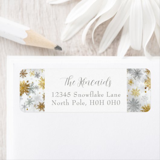 Elegant Gold & Silver Snowflake Address Label ラベル (インサイチュ)