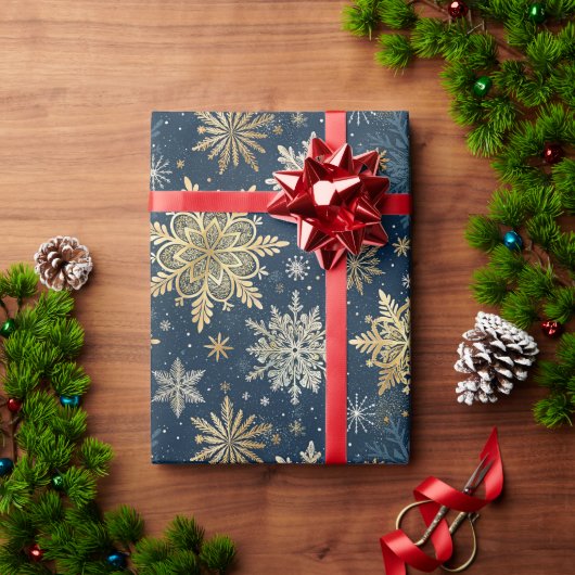 Elegant Gold Snowflakes Winter Blue Christmas ラッピングペーパー (クリスマスギフト)