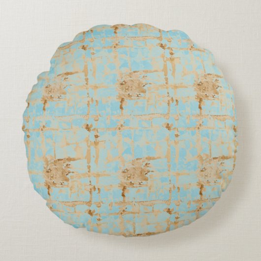 Elegant, Gold Soft Blue Checkered Abstract Pattern ラウンドクッション (正面)