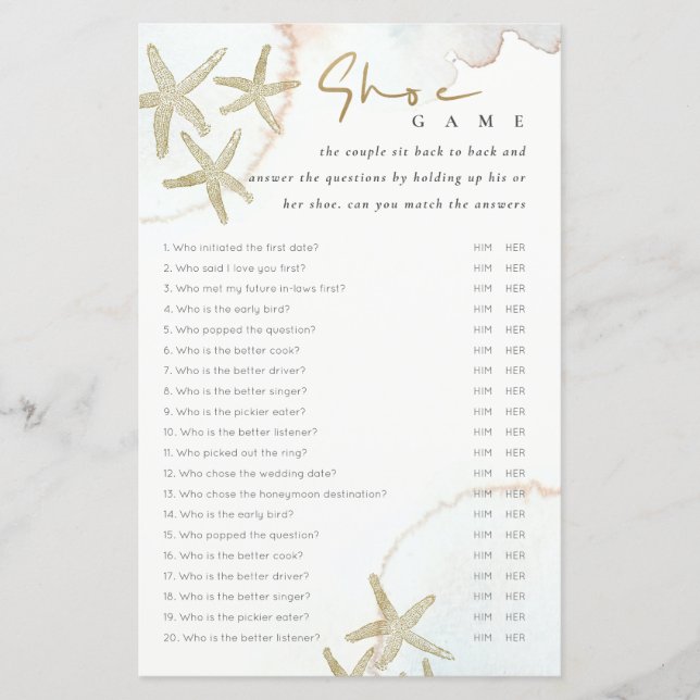 Elegant Gold Starfish Shoe Game Bridal Shower Game (正面)