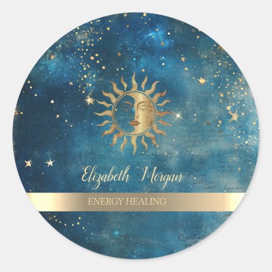 Elegant Gold Sun Stars Blue Watercolor ラウンドシール (正面)