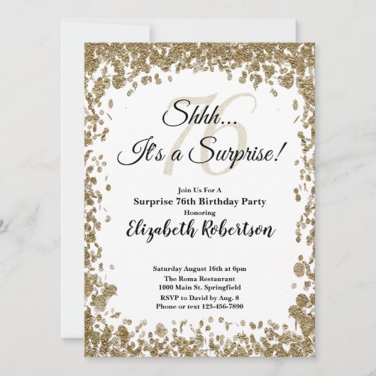 Elegant Gold Surprise 76th Birthday Invitation 招待状 (正面)